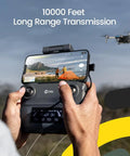 HS360S Foldable GPS Drone With 4K UHD Camera controller in hands, 10000 feet range, showing live 5G transmission on smartphone.