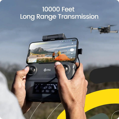 HS360S Foldable GPS Drone With 4K UHD Camera controller in hands, 10000 feet range, showing live 5G transmission on smartphone.