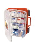 Front view of Amazon 24/7 First Aid Kit in orange plastic case with clear lid and easy-slide latches, 336 pieces
