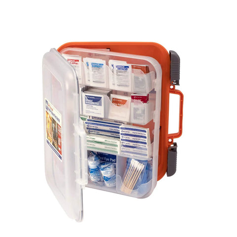 Front view of Amazon 24/7 First Aid Kit in orange plastic case with clear lid and easy-slide latches, 336 pieces