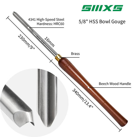 No Nonsense Heavy Duty 5/8 Inch HSS Bowl Gouge With Sturdy Beech Handle For Wood Lathe Turning displayed with measurements and detail.