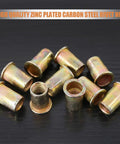 M10 Rivet Nuts Kit 100 Pcs Zinc Plated Carbon Steel Flat Head Threaded Inserts on black surface