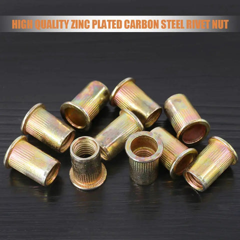 M10 Rivet Nuts Kit 100 Pcs Zinc Plated Carbon Steel Flat Head Threaded Inserts on black surface