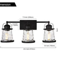 Black 3 Light Industrial Vanity Sconces With Hammered Glass Shades, dimensions highlighted, Vintage Rustic Farmhouse Wall Lighting