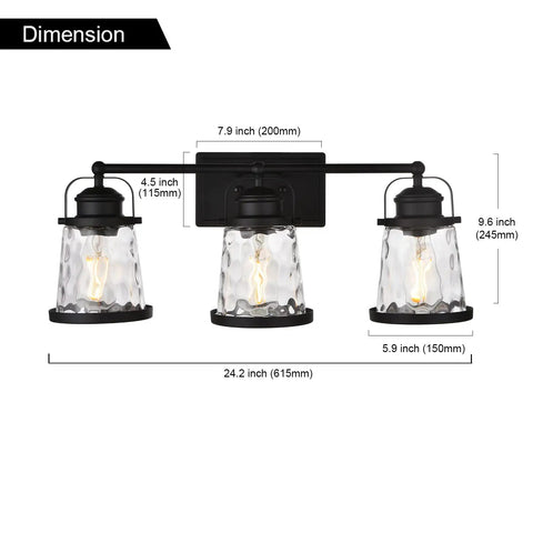 Black 3 Light Industrial Vanity Sconces With Hammered Glass Shades, dimensions highlighted, Vintage Rustic Farmhouse Wall Lighting