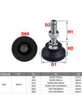 Heavy Duty Adjustable Leveling Feet With Swivel Bases And Universal M8 M10 M12 Threads for use with furniture, sizes D60 and H1 dimensions.