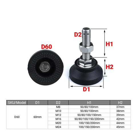 Heavy Duty Adjustable Leveling Feet With Swivel Bases And Universal M8 M10 M12 Threads for use with furniture, sizes D60 and H1 dimensions.