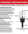 Milwaukee 4-inch ice-hardened hole saw assembly diagram with quick-change arbor, pilot bit, collar and shank.