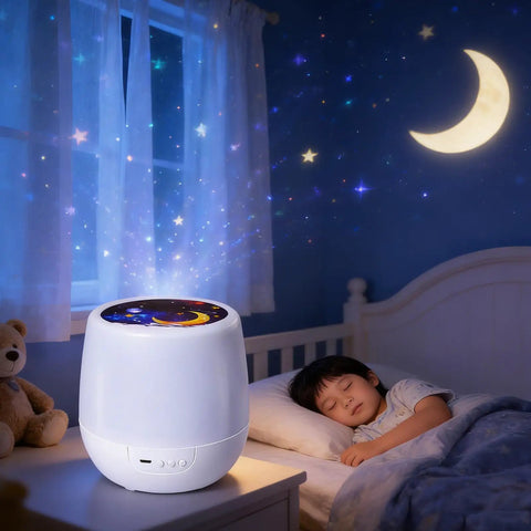 Kids Night Light Projector With USB Cable, 360 Degree Rotating Star Sky Lamp For Bedroom, illuminating stars and moon.