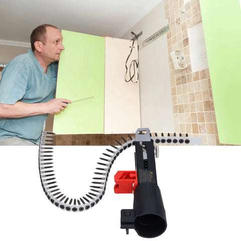Automatic Chain Nail Gun Adapter, Hella Tough Stainless Steel Spike Driver, No Sweat Fast Nailing Head For Cordless Power Drills and Woodworking Projects in use with drywall.