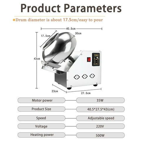 Product parameters of Commercial Automatic Candy Coating Drum With Zero Hassle Speed Controls And Snappy Air Dryer, stainless, 40.5x27.5x43cm.
