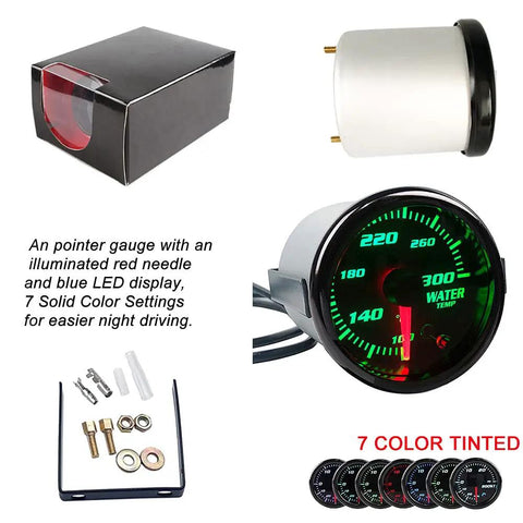 52mm Water Temperature Gauge With 7 Color LED Backlit Tint Lens, 2 Inch Dial, 100 to 300 Fahrenheit, includes NPT sensor