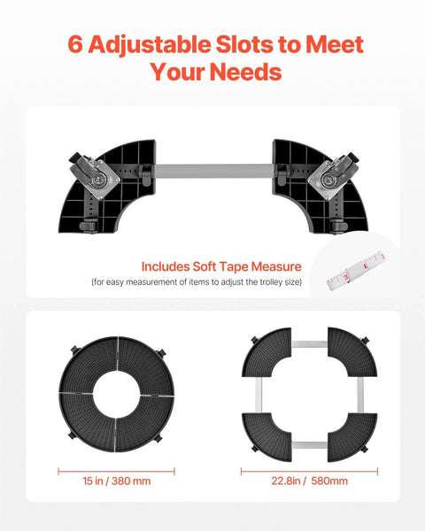 Heavy Duty Round Trash Can Dolly adjustable size diagram with tape measure 15 to 22.8 inches, 4 lockable wheels shown in parts