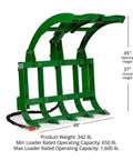 48 Inch Economy Root Grapple Rake For John Deere Hook And Pin, Light Duty Hydraulic Attachment with measurements