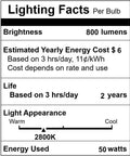 Lighting facts label for Six Pack MR16 Halogen Bulbs 50W 12V GU5.3 Base, 800 Lumens, 2800K Warm White, showing brightness and energy use.