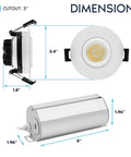 Rock Solid Knockout Brightness 3 Inch Led Recessed Gimbal Spotlights dimensions showing 3-inch cutout and metal housing.