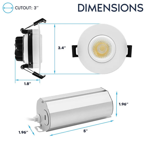 Rock Solid Knockout Brightness 3 Inch Led Recessed Gimbal Spotlights dimensions showing 3-inch cutout and metal housing.