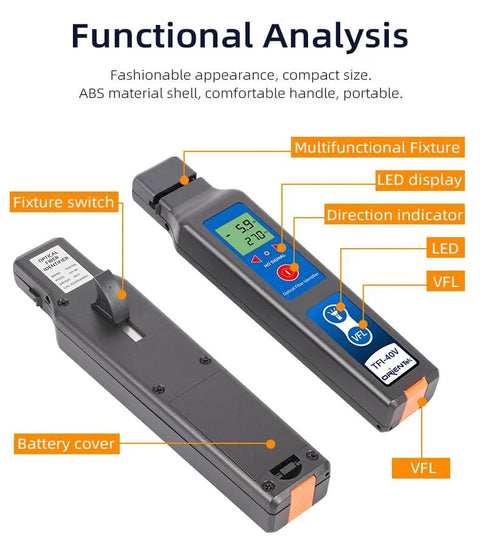Front view of TFI-40V fiber optic identifier with VFL 10mW LED; blue LCD display, handheld black/blue unit.
