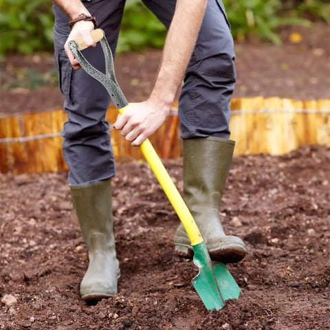 Gardener using D Grip Shovel Replacement Handle With Wooden Grip For Garden Digging And Raking Tools Heavy Duty Iron And Wood Build 3.1 Cm Inner Diameter Silver Finish Back Saver Ergonomic Upgrade.