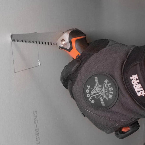 Klein Tools 31737 folding jab saw with orange/black handle; drywall cutting and tether hole