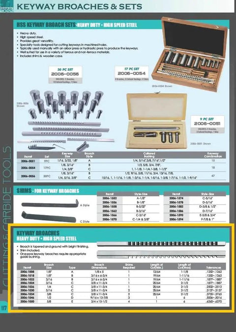 Three Eighths Inch Type C HSS Keyway Broach With Two Shims For Precision Milling And Gear Keyway Cutting, high speed steel set on display with multiple broaches and shims in an open box.