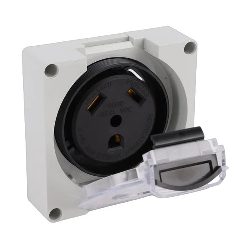 TT 30R Lockable Power Outlet Receptacle with Brass Contacts and IP55 Weatherproof Rating, close-up view of the socket.