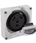 Industrial Grade 30A Weatherproof Lockable Power Outlet With US Plug IP55 Rating And Premium Brass Contacts, black outlet with locking lid.