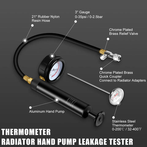 Shop Grade 28 Piece Radiator Pressure Leak Tester And Coolant Refill Tool With Universal Vacuum Adapters, includes aluminum hand pump and gauge.