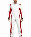 Adult Racing Suit For Kart Racing Lightweight Breathable Motorsport Gear For Men And Women With Custom Digital Print Featuring Team Colors And Sponsor Logos Durable All Day Comfort Size Large 54, front view of white and red suit.