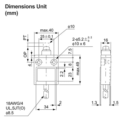 Rugged Sealed Push Plunger Limit Switch With SPDT 1NO 1NC Contacts, 5A, IP67 Rated, Stainless Steel Body, Dust and Coolant Shielding, Built For The Rough Stuff, Direct Linear Actuation For Fast, Reliable Circuit Switching dimension drawing with 18AWG cable