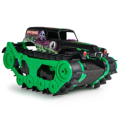 Grave Digger Trax All Terrain Remote Control Vehicle For Outdoors Water Friendly RC Truck With Tank Treads on white background