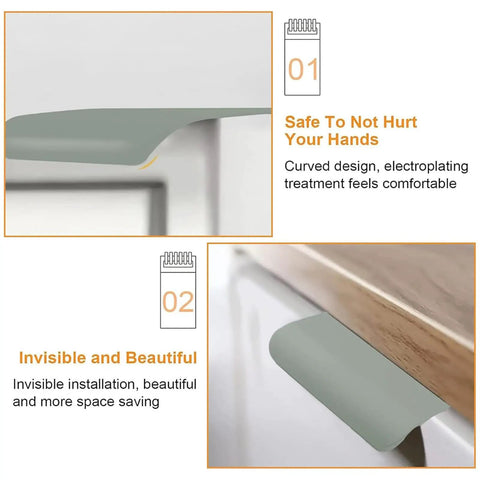 Close-up of 4 Pack Modern Edge Pulls for Cabinets and Drawers Curved Concealed Finger Handles 78mm Aluminum Alloy in greyish green.