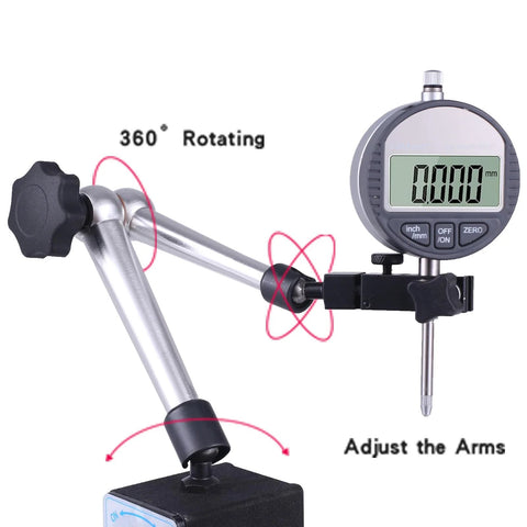 Qnkaa digital dial indicator on a three-segment magnetic base stand with 360° rotating arms and quick-release.