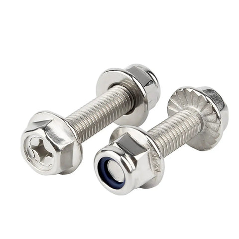 Cross Flange M6 Hex Bolts With Serrated Flange Heads And Anti Loosening Nuts Kit, 20 Sets, Stainless Steel Fasteners shown in close-up