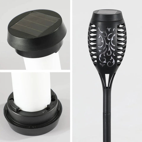 Close-up of Eight Pack Solar Flickering Flame Torches for Outdoors with solar panel, torch top design, and base details.