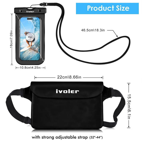 Two Pack Waterproof Fanny Pack And Phone Pouch Dry Bag Set dimensions and adjustable strap illustration