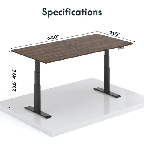 Straight Up Premium Motorized Height Adjustable Standing Desk With Heavy Duty Matte Black Frame And Legit Solid North American Black Walnut Desktop, dimensions 63" x 31.5".