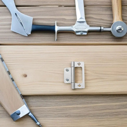 Heavy Duty Stainless Steel Cabinet Door Hinges Set With Silent Self Closing Mechanism on wooden surface with tools
