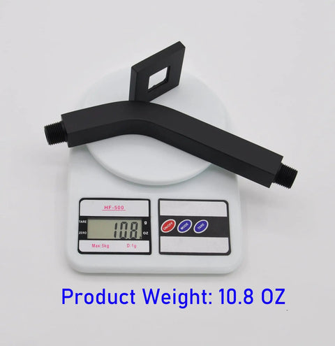 Square Shower Arm With Anti Scratch O Ring Flange, Solid Brass Eight Inch Wall Mount Extension shown on scale weighing 10.8 oz