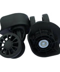 Rock Solid Luggage Wheel Caster Replacement Twin Spinner showing black polypropylene wheels with steel bearings for 360 degree rotation.