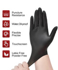 Dang Tough Heavy Duty Black Nitrile Gloves Six Mil Thick Flexible Shell With Textured Grip And Latex Free Powder Free Finish showing puncture resistance features.