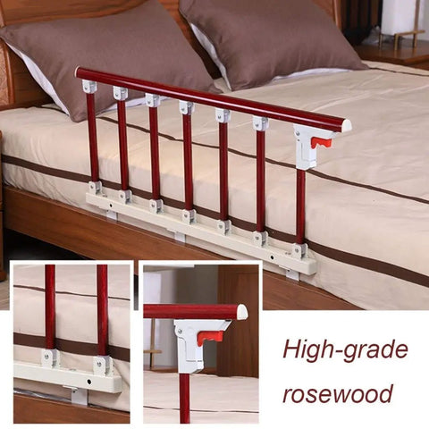 Portable Folding Bed Rail With Red Wood Grain Handle on bed, adjustable metal guard with swing grab bar for bedside support.