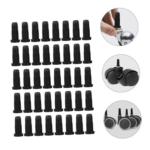 A set of solid black nylon chair leg floor protectors for swivel office chairs, measuring 3.3 x 1.5 cm.