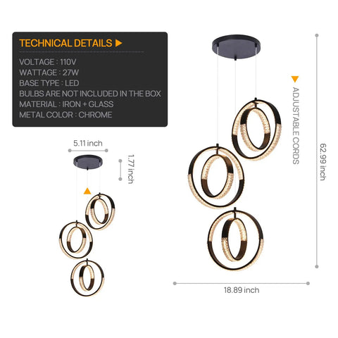 Modern LED Chandelier With 6 Ring Ball Design Black Pendant Lamp 18W Dimmable Ceiling Light Fixture dimensions and technical details