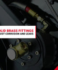 Close-up of solid brass fittings on the Tough Steel Dual Arm Air Hose Reel, showcasing durability against corrosion and leaks.