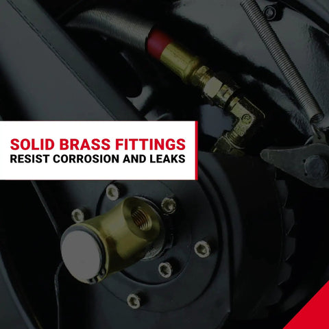 Close-up of solid brass fittings on the Tough Steel Dual Arm Air Hose Reel, showcasing durability against corrosion and leaks.