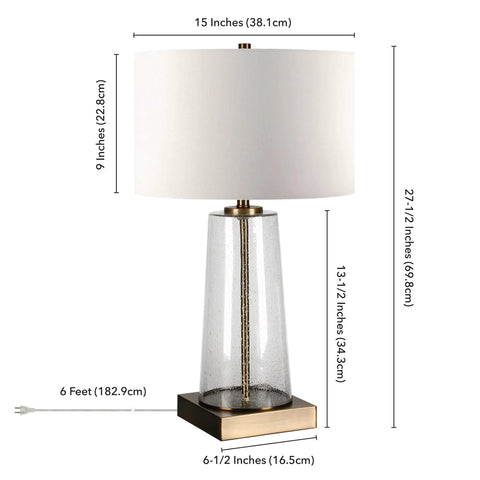 Tall 27 Inch Table Lamp With White Fabric Shade And Seeded Glass Base In Blackened Bronze Finish, showing size dimensions.