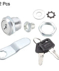 Cam Lock Three Quarter Inch Cylinder Length Cabinet Lock 2 Pack No 4 Cam Fits Up To One Half Inch Panel Thickness Zinc Alloy Chrome Plated Built Tough Keyed Different And Easy To Install, showing components and keys