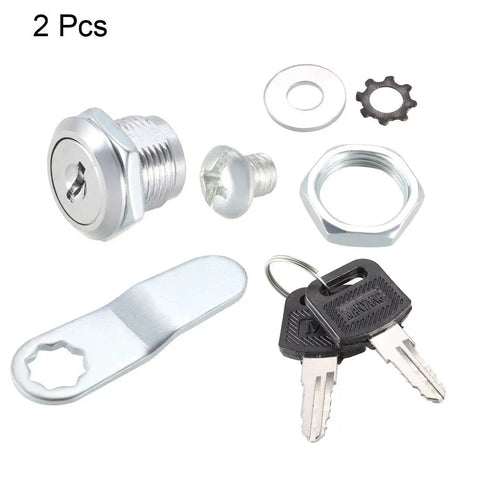 Cam Lock Three Quarter Inch Cylinder Length Cabinet Lock 2 Pack No 4 Cam Fits Up To One Half Inch Panel Thickness Zinc Alloy Chrome Plated Built Tough Keyed Different And Easy To Install, showing components and keys