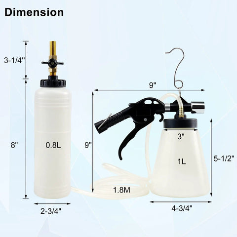 1L Pneumatic Brake Fluid Bleeder Kit With Vacuum Extractor And 90 To 120 PSI Master Cylinder Adapters size dimensions
